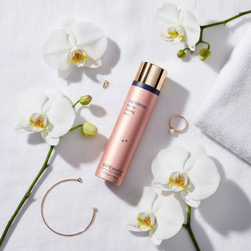 Skinbetter Science Even Intensive Tone Correcting Serum spa flat lay with orchids