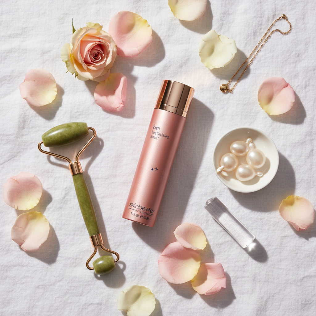 Skinbetter Science Even Tone Correcting Serum flat lay with rose petals and jade roller