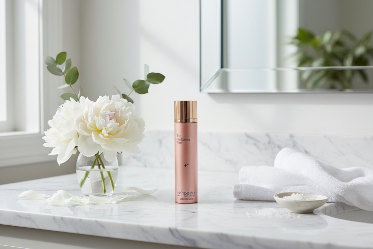 Skinbetter Science Even Tone Correcting Serum on marble countertop with flowers